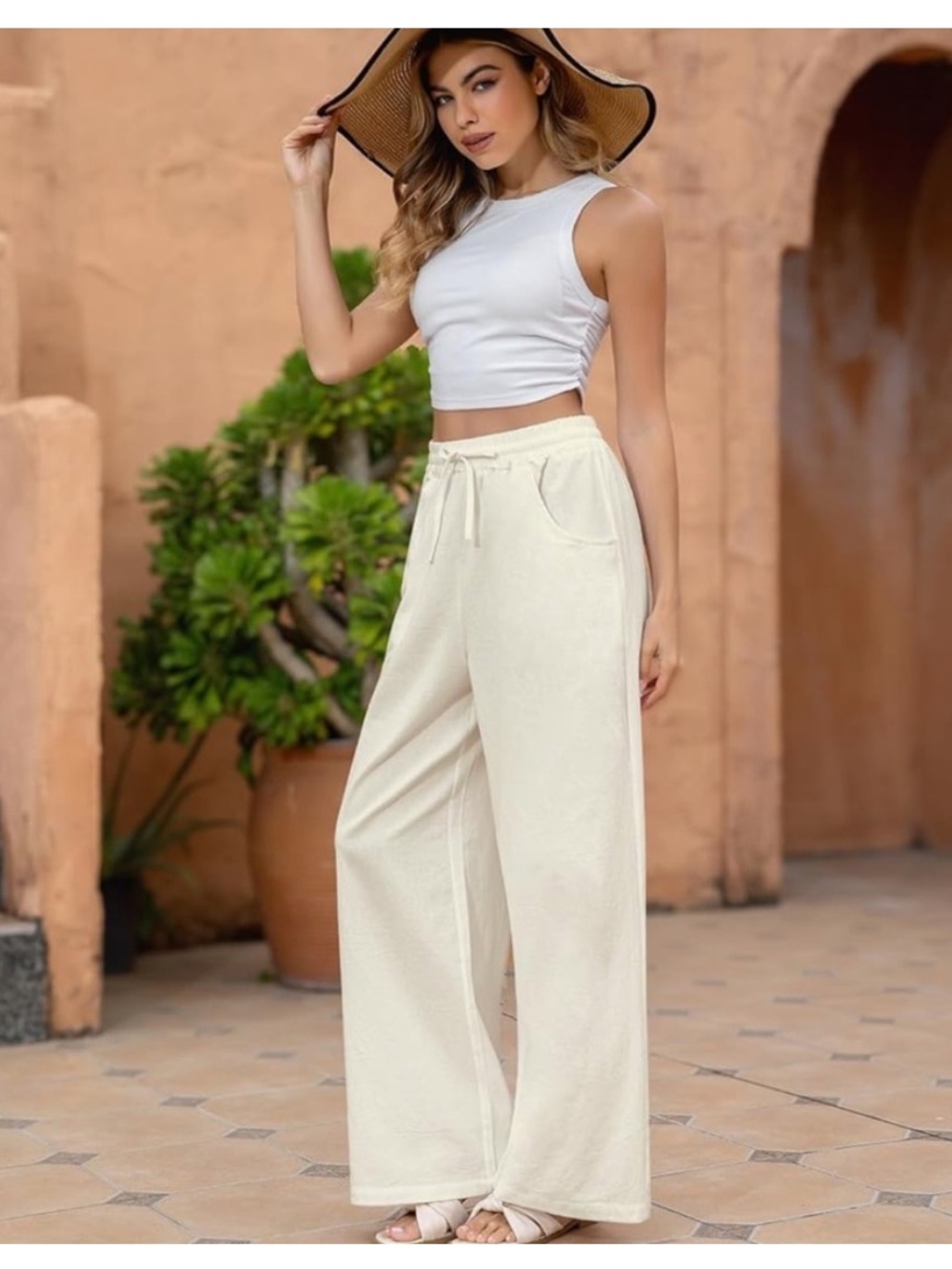 Wide leg beach pants - cream cotton pull on drawstring waist